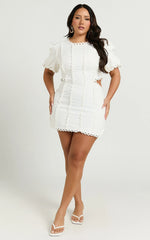 Laila Mini Linen Blend Dress - High Neck Side Cut Out Puff Sleeve Straight Dress in Off White