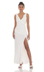 V-Neck Open Back Maxi Dress in White