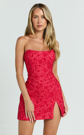 Brailey Mini Dress - Strapless Dress in Red Jacquard
