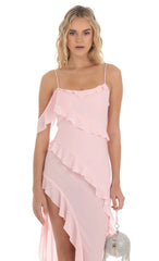 Chiffon Ruffle Maxi Dress in Pink