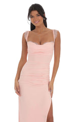 Suede Draped Lace Maxi Dress in Pink