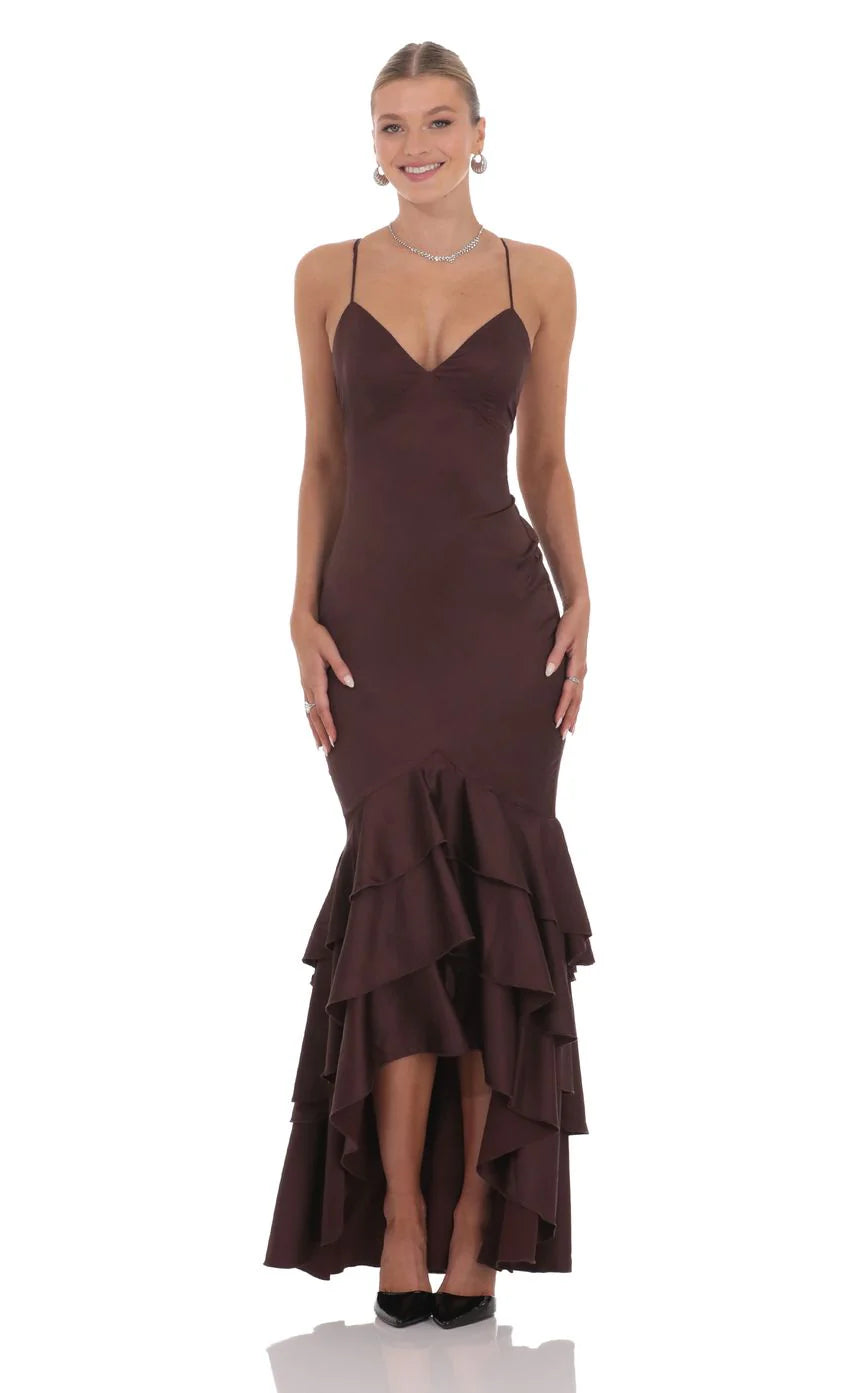 Satin Ruffle Fishtail Maxi Dress in Brown
