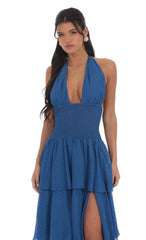 Dotted Smocked Halter Maxi Dress in Blue