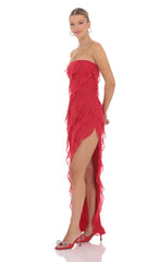 Mesh Ruffle Strapless Maxi Dress in Red