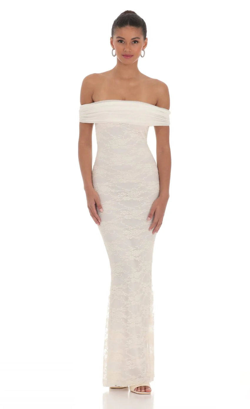 Off Shoulder Sheer Lace Maxi Dress in Cream