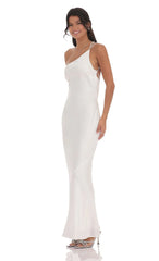 One Shoulder Pearl Satin Maxi Dress in White