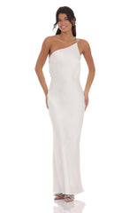 One Shoulder Pearl Satin Maxi Dress in White