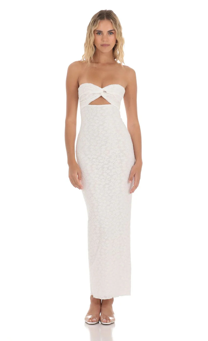 Strapless Textured Floral Twist Maxi Dress in White