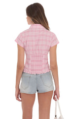 Button-Up Ruffle Top in Pink Plaid