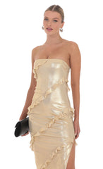 Metallic Ruffle Strapless Maxi Dress in Gold