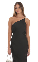 One Shoulder Pearl Satin Maxi Dress in Black