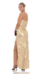 Metallic Ruffle Strapless Maxi Dress in Gold