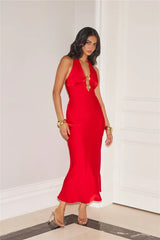 Gold Romance Halter Satin Maxi Dress Red