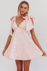 Chantilly Tied Shoulder Jacquard Mini Dress Blush