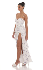 Floral Mesh Ruffle Maxi Dress in White