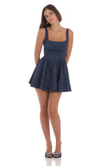 Floral Jacquard Open Back Bow Dress in Navy