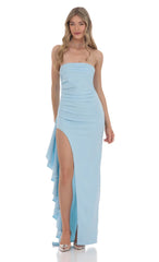 Strapless Ruched Ruffle Maxi Dress in Blue