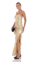 Metallic Ruffle Strapless Maxi Dress in Gold