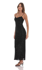Lace Trim Sequin Maxi Dress in Black