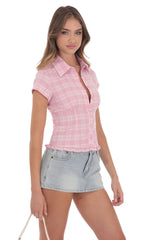 Button-Up Ruffle Top in Pink Plaid