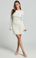Melissa Mini Dress - Flared Long Sleeve A Line Dress in Off White