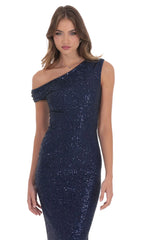 Sequin Off Shoulder Maxi Dress in Navy