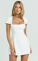 Yuna Mini Dress Cap Sleeve Open Back Fit And Flare Tulip Dress in White