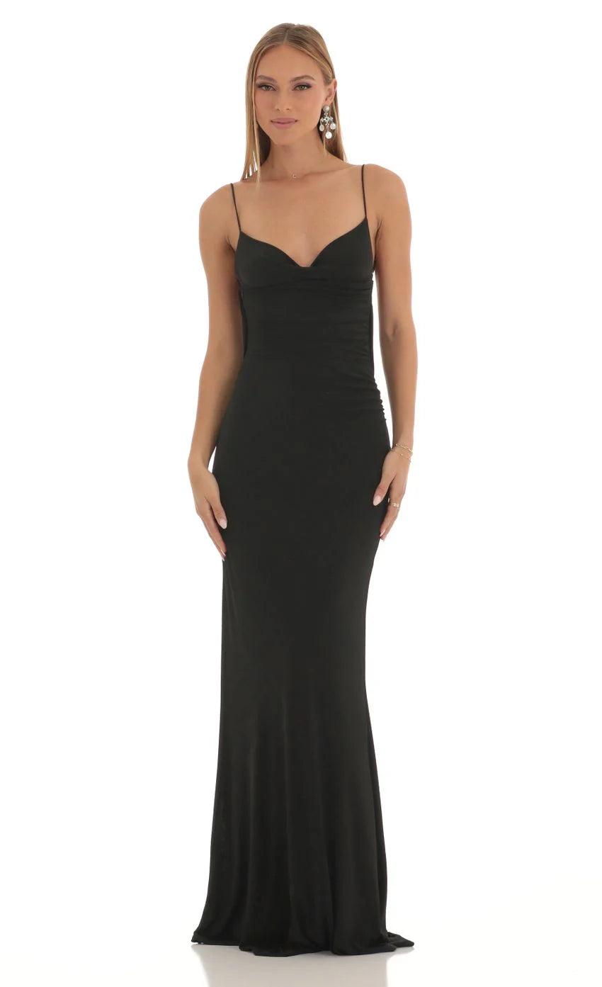 Lace Open Back Maxi Dress in Black