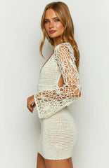 Spina White Crochet Long Sleeve Mini Dress