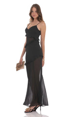 Chiffon Ruffle Cutout Maxi Dress in Black