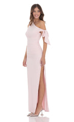 Off Shoulder Tie Strap Maxi Dress in Pink