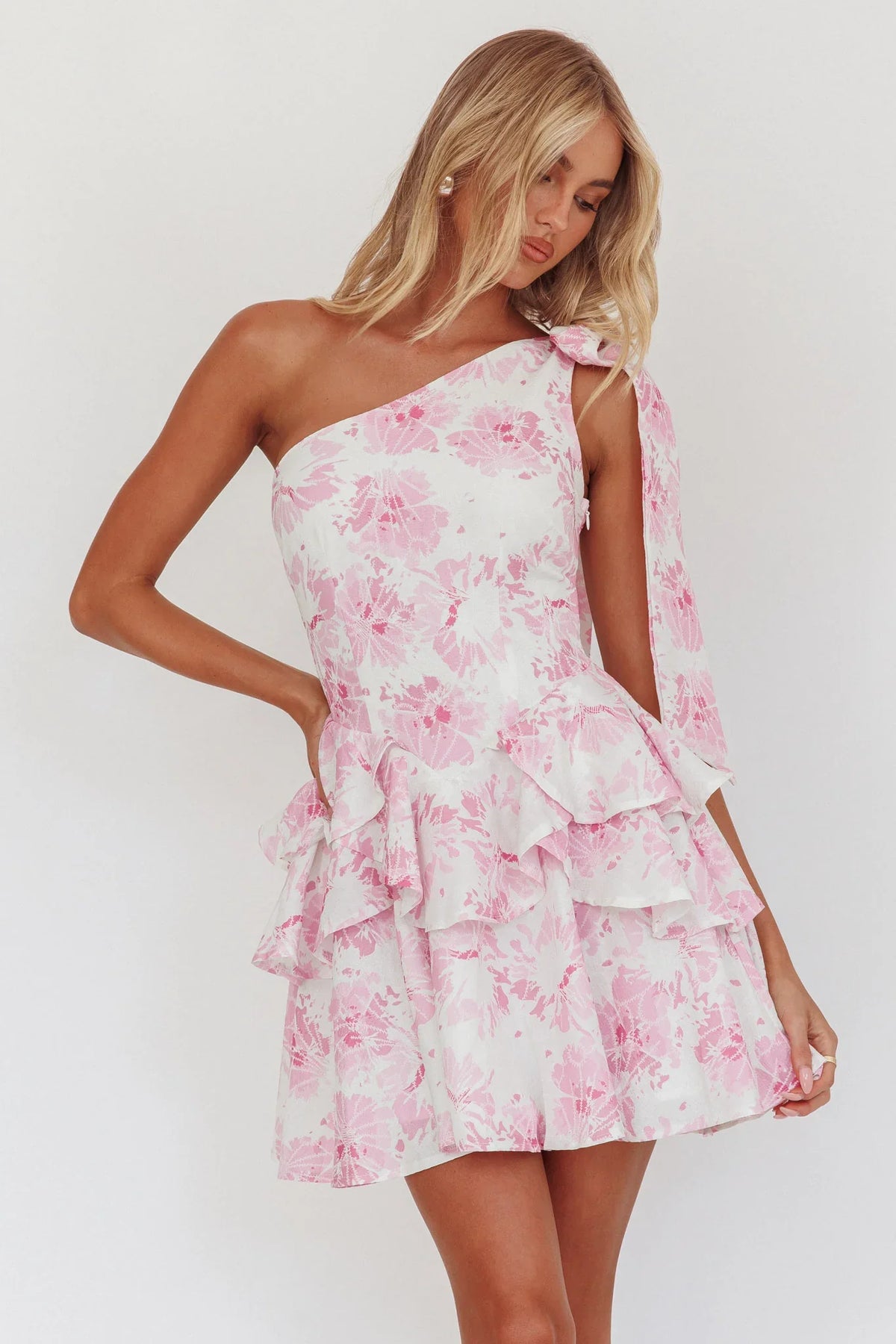 Like Me One-Shoulder Layered Mini Dress Floral Pink