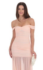 Mesh Off Shoulder Ruched Maxi Dress in Blush Pink