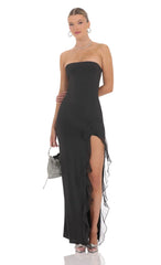 Strapless Ruffle Slit Maxi Dress in Black