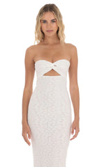 Strapless Textured Floral Twist Maxi Dress in White