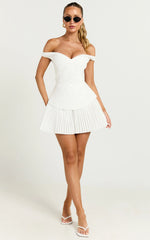 Izara Mini Dress - Off Shoulder Pleated Dress in Off White