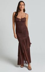 Harlene Maxi Dress- Ruched Mesh Frill Hem Dress in Chocolate