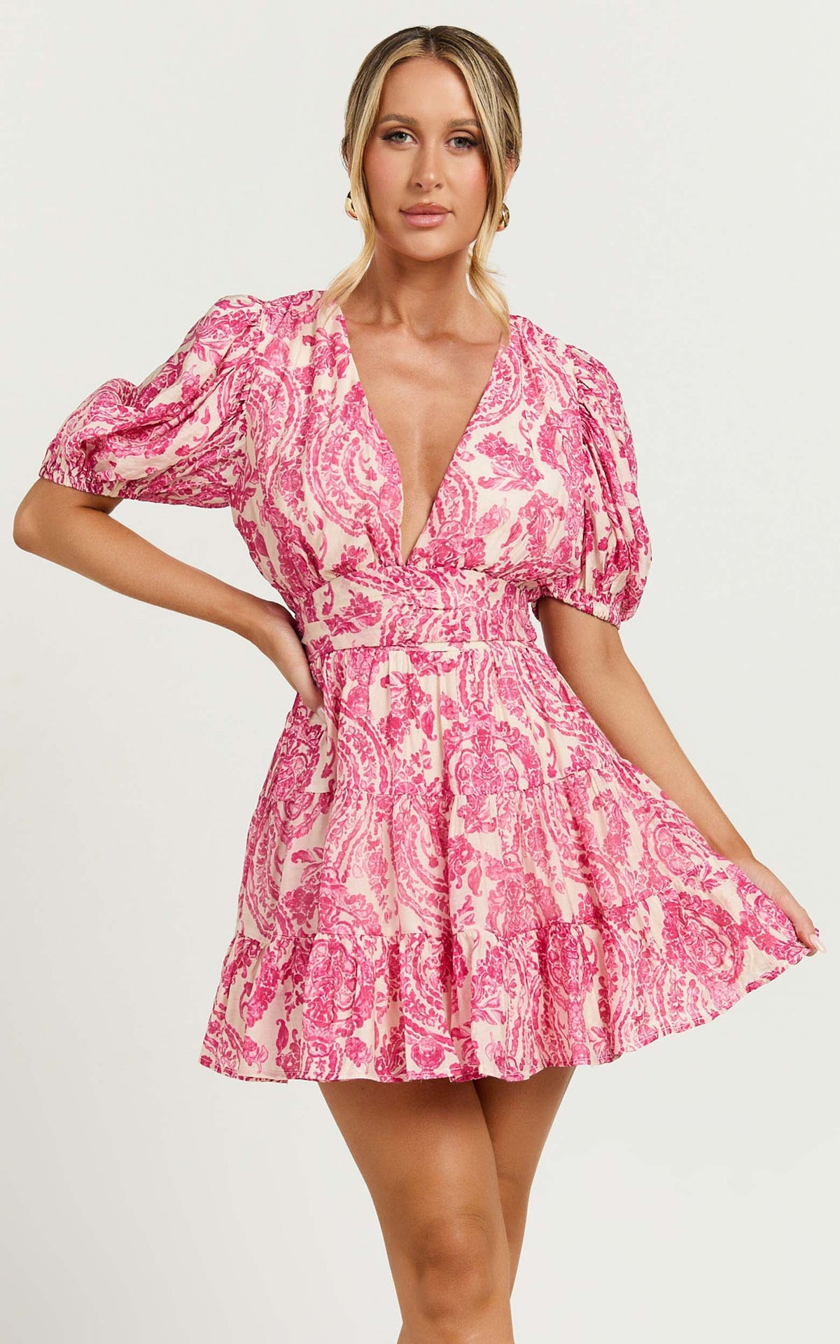 Adea Mini Dress Plunge Puff Sleeve Tiered Dress in Pink Floral