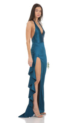 Satin Plunge Neck Halter Maxi Dress in Peacock Blue