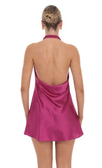 Satin Cross Halter Dress in Magenta