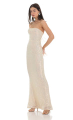 Iridescent Sequin Strapless Maxi Dress in Champagne