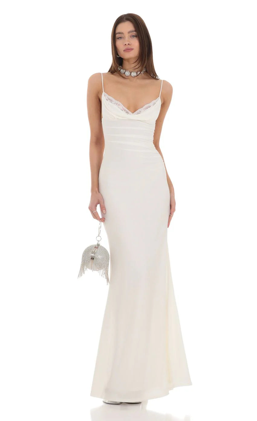 Cowl Neck Mermaid Maxi Dress in White