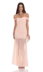 Mesh Off Shoulder Ruched Maxi Dress in Blush Pink