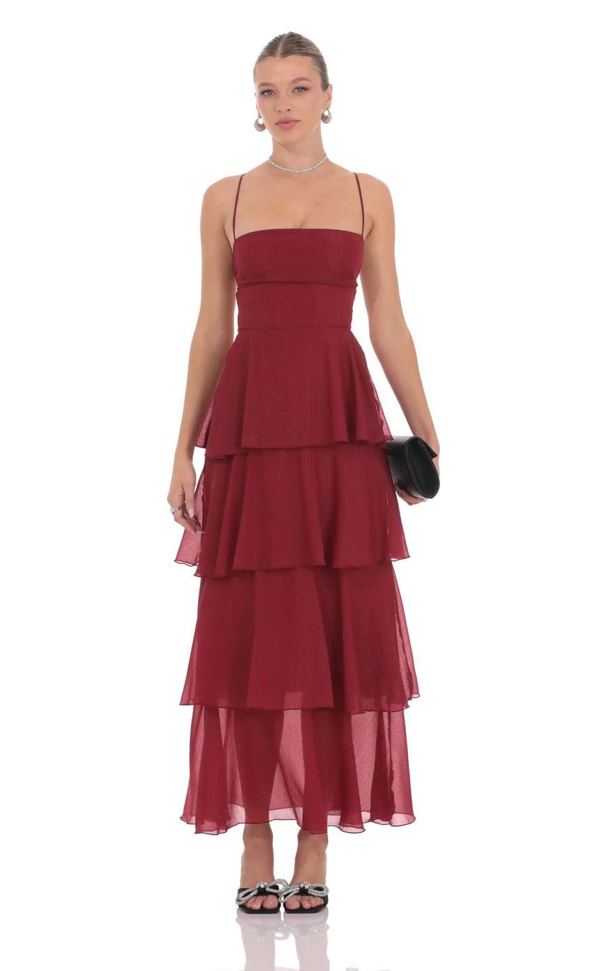 Shimmer Crinkle Maxi Dress in Maroon