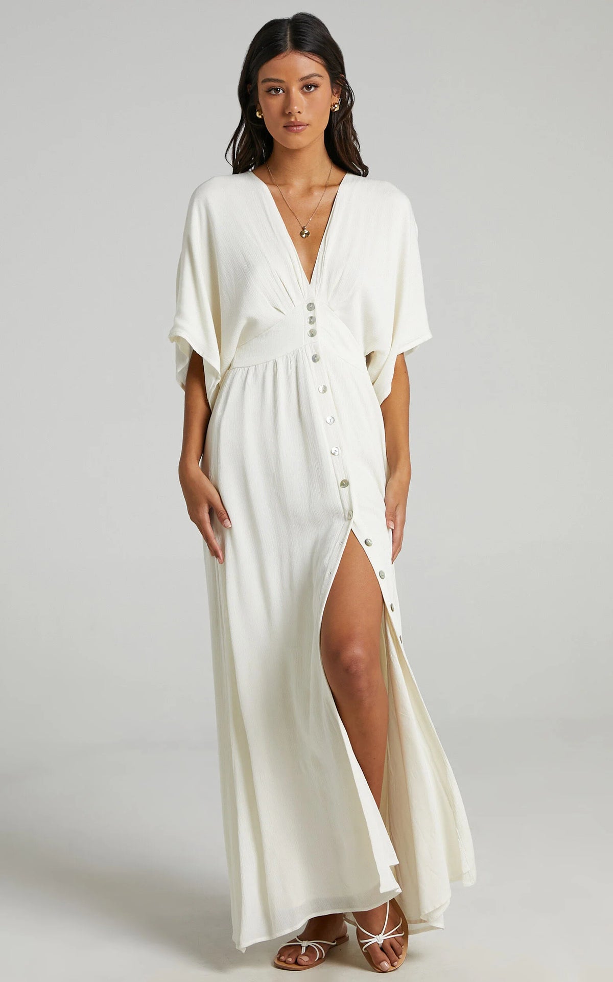 Sitting Pretty Maxi Dress - Short Sleeve Button Down Dress in Natural