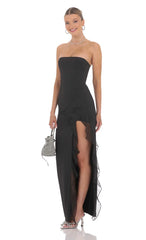 Strapless Ruffle Slit Maxi Dress in Black