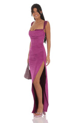 Suede Draped Lace Maxi Dress in Magenta