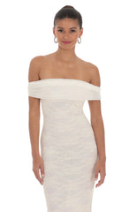 Off Shoulder Sheer Lace Maxi Dress in Cream