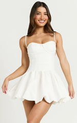 Kacey Mini Dress - Textured Drop Waist Bubble Hem Dress in Off White