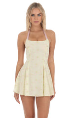 Halter Floral Embroidered Open Back Dress in Yellow